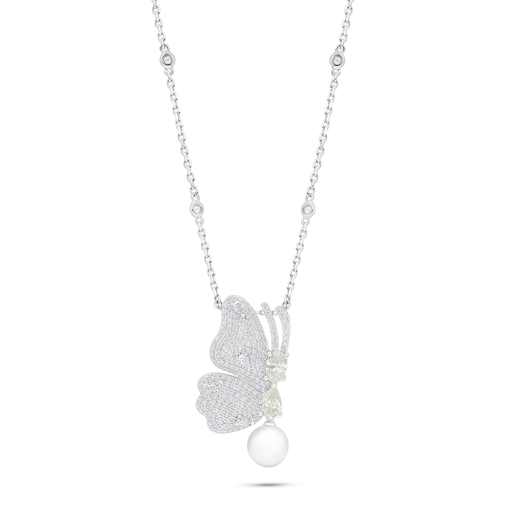 Sterling Silver 925 Necklace Rhodium Plated Embedded With Natural White Pearl And Yellow Diamond And White Zircon