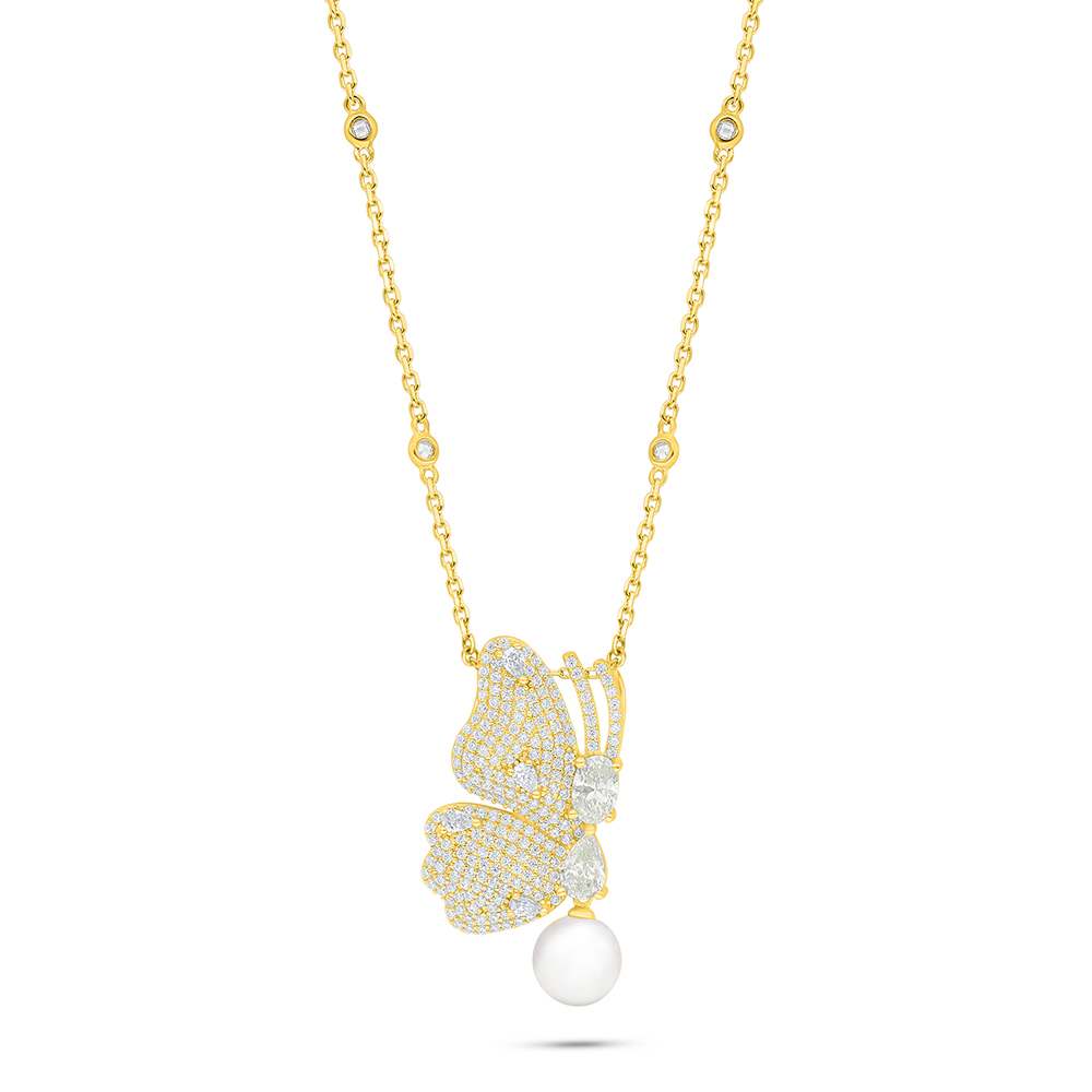 Sterling Silver 925 Necklace Golden Plated Embedded With Natural White Pearl And Yellow Diamond And White Zircon