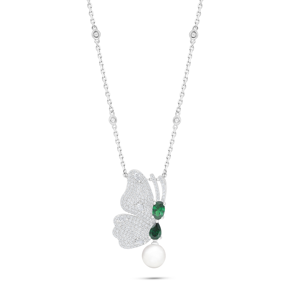 Sterling Silver 925 Necklace Rhodium Plated Embedded With Natural White Pearl And Emerald Zircon And White Zircon