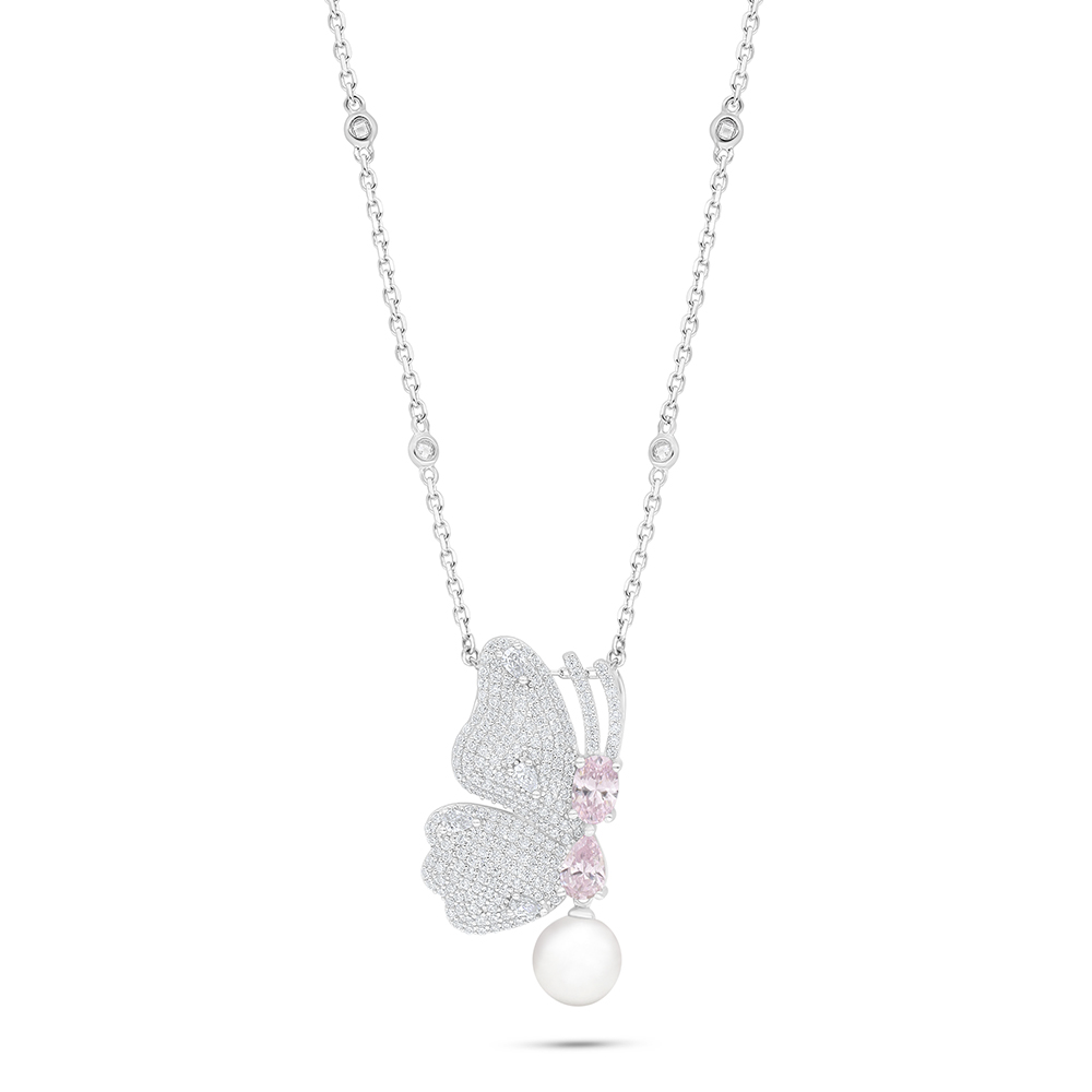 Sterling Silver 925 Necklace Rhodium Plated Embedded With Natural White Pearl And Pink Zircon And White Zircon