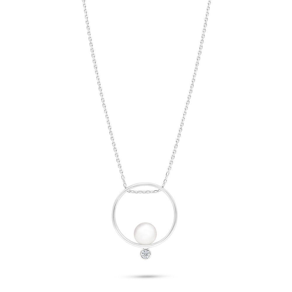 Sterling Silver 925 Necklace Rhodium Plated Embedded With Natural White Pearl And White Zircon 