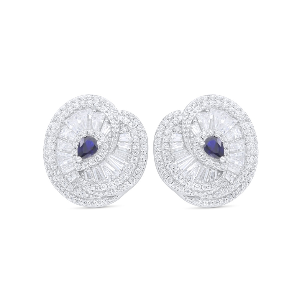 Sterling Silver 925 Earring Rhodium Plated Embedded With Sapphire Corundum And White Zircon