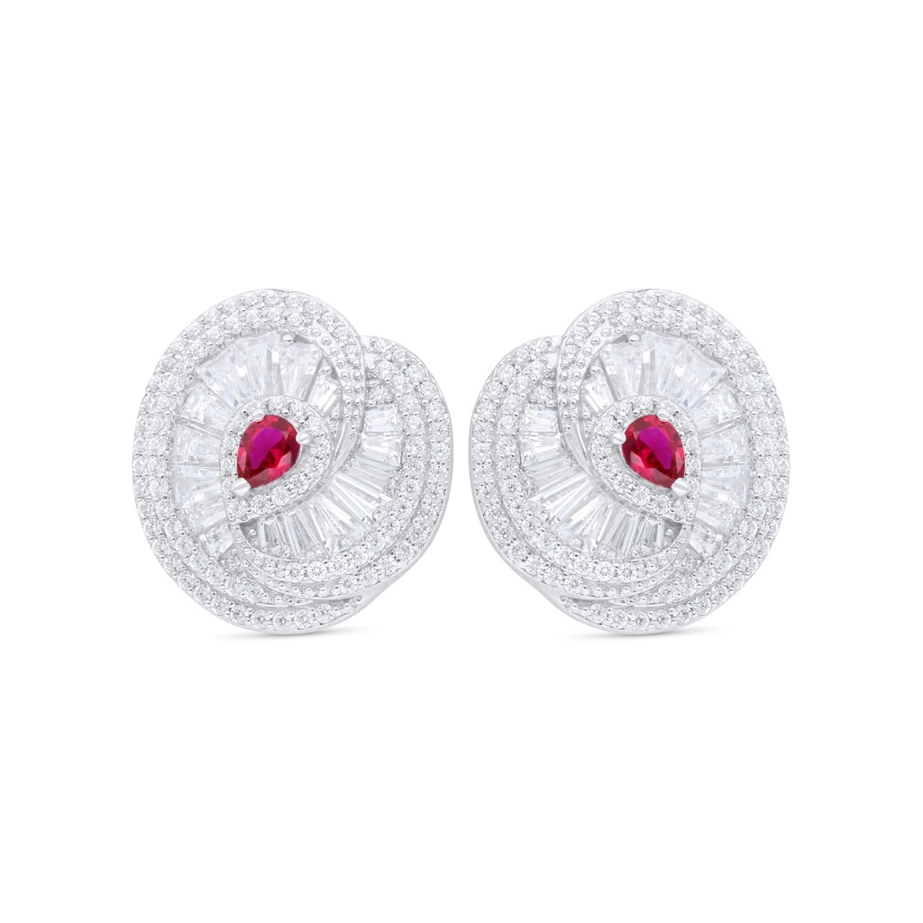 Sterling Silver 925 Earring Rhodium Plated Embedded With Ruby Corundum And White Zircon