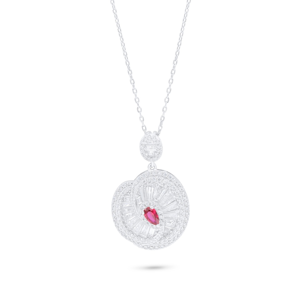 Sterling Silver 925 Necklace Rhodium Plated Embedded With Ruby Corundum And White Zircon