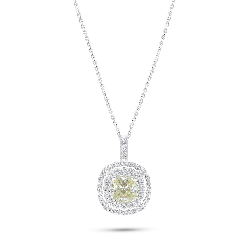 Sterling Silver 925 Necklace Rhodium Plated Embedded With Yellow Diamond And White Zircon