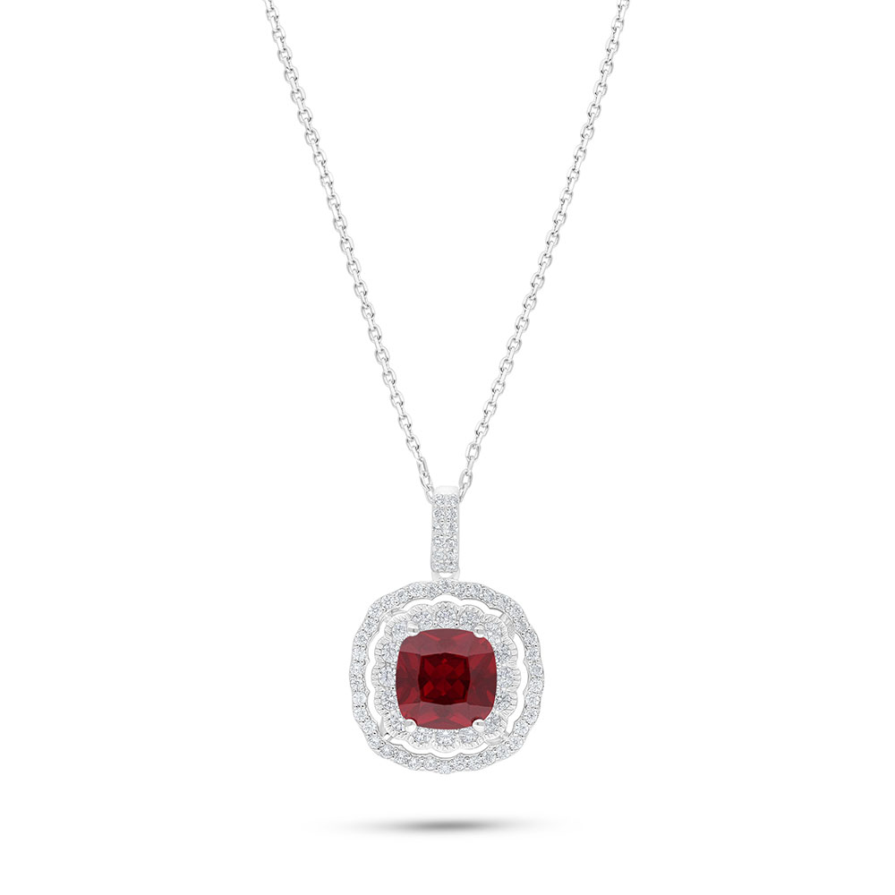 Sterling Silver 925 Necklace Rhodium Plated Embedded With Ruby Corundum And White Zircon