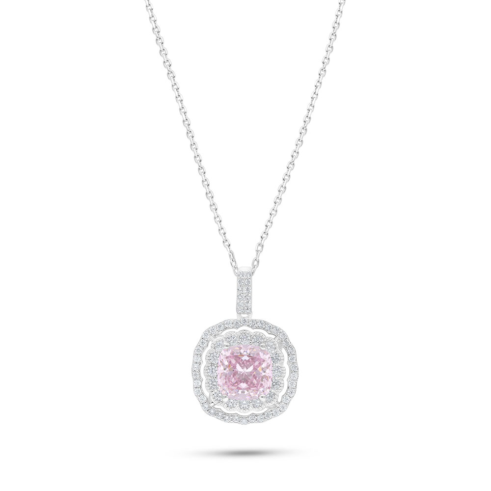 Sterling Silver 925 Necklace Rhodium Plated Embedded With Pink Zircon And White Zircon