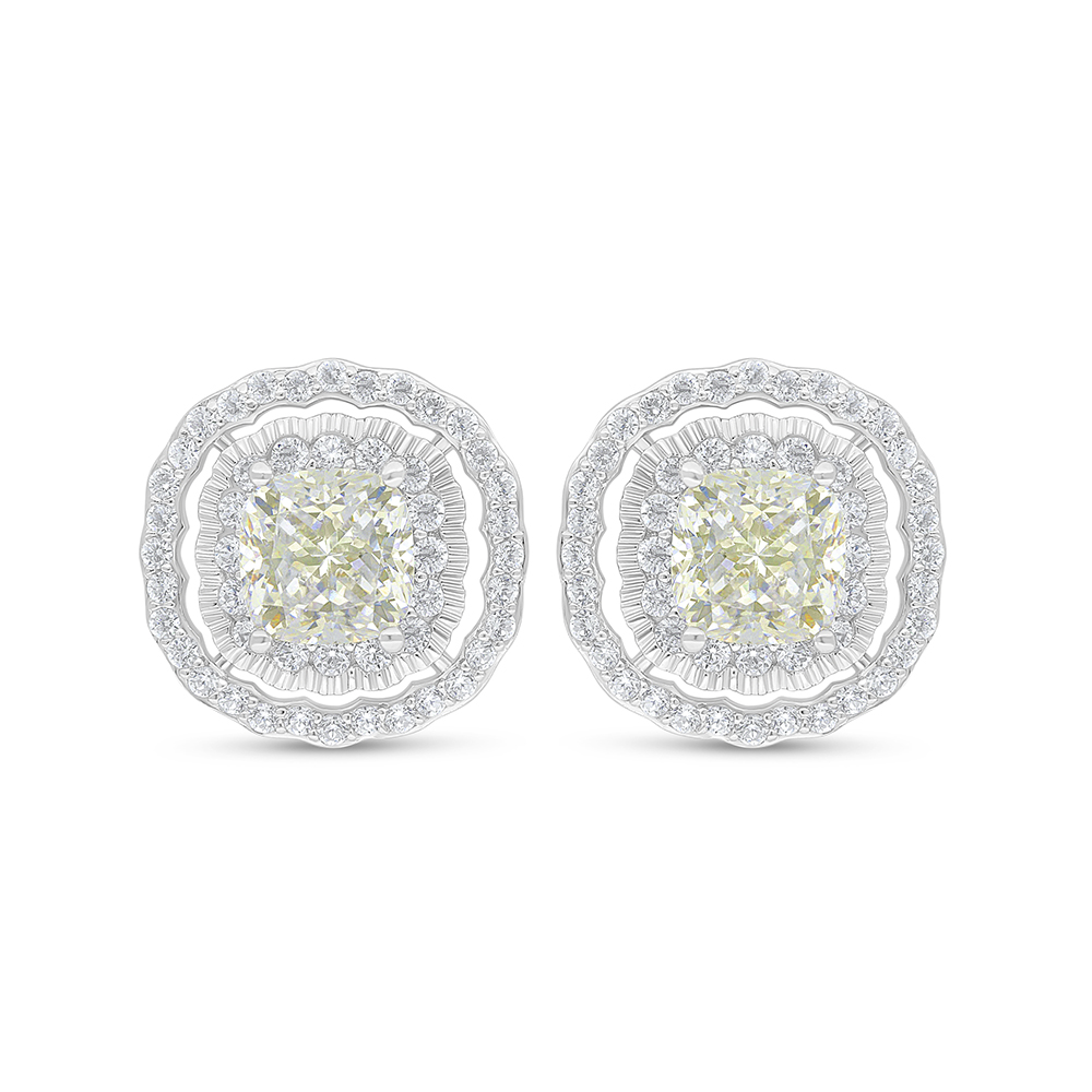 Sterling Silver 925 Earring Rhodium Plated Embedded With Yellow Diamond And White Zircon