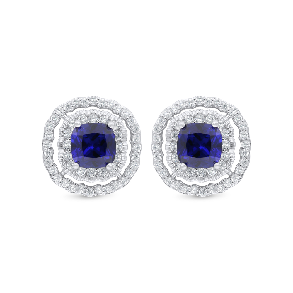 Sterling Silver 925 Earring Rhodium Plated Embedded With Sapphire Corundum And White Zircon