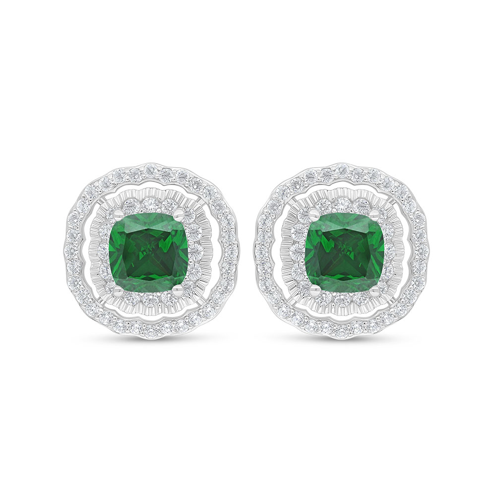 Sterling Silver 925 Earring Rhodium Plated Embedded With Emerald Zircon And White Zircon