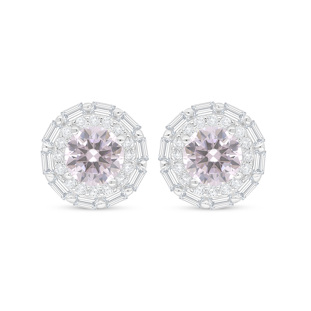 Sterling Silver 925 Earring Rhodium Plated Embedded With Pink Zircon And White Zircon