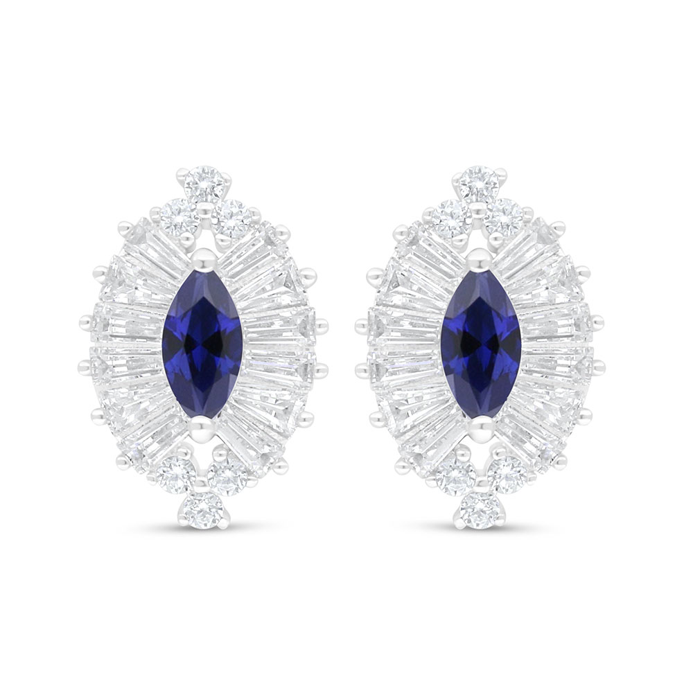 Sterling Silver 925 Earring Rhodium Plated Embedded With Sapphire Corundum And White Zircon