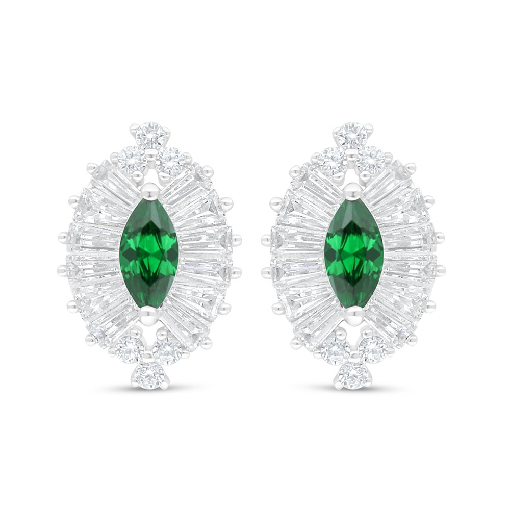 Sterling Silver 925 Earring Rhodium Plated Embedded With Emerald Zircon And White Zircon