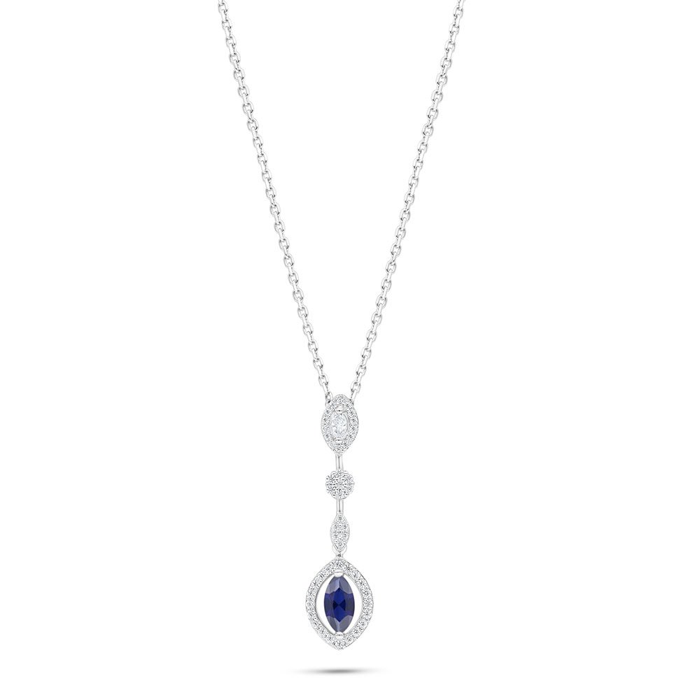 Sterling Silver 925 Necklace Rhodium Plated Embedded With Sapphire Corundum And White Zircon