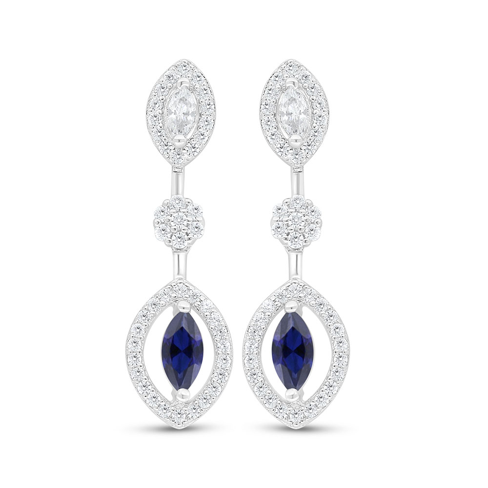 Sterling Silver 925 Earring Rhodium Plated Embedded With Sapphire Corundum And White Zircon