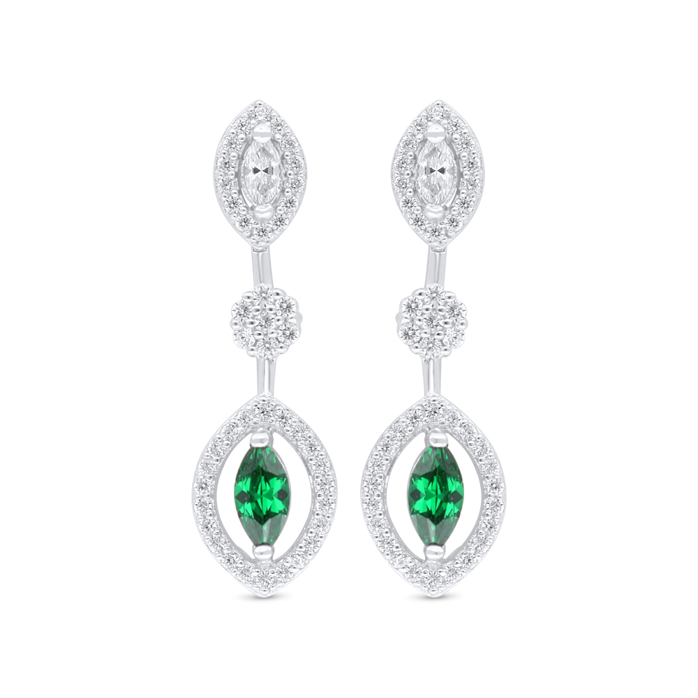 Sterling Silver 925 Earring Rhodium Plated Embedded With Emerald Zircon And White Zircon