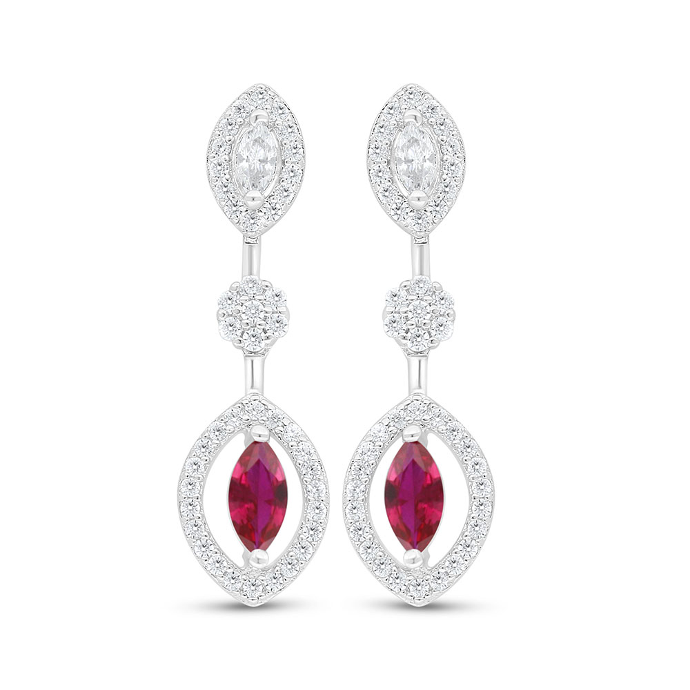 Sterling Silver 925 Earring Rhodium Plated Embedded With Ruby Corundum And White Zircon