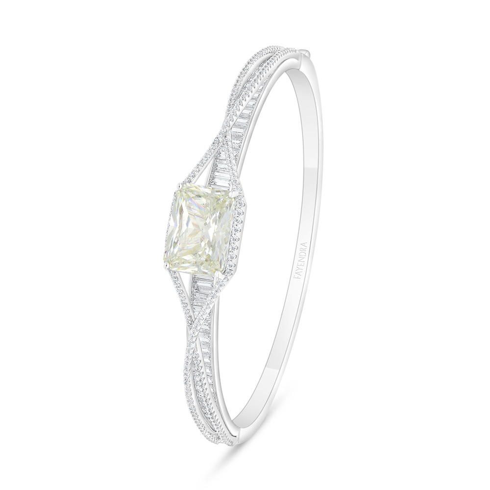 Sterling Silver 925 Bangle Rhodium Plated Embedded With Yellow Diamond And White Zircon