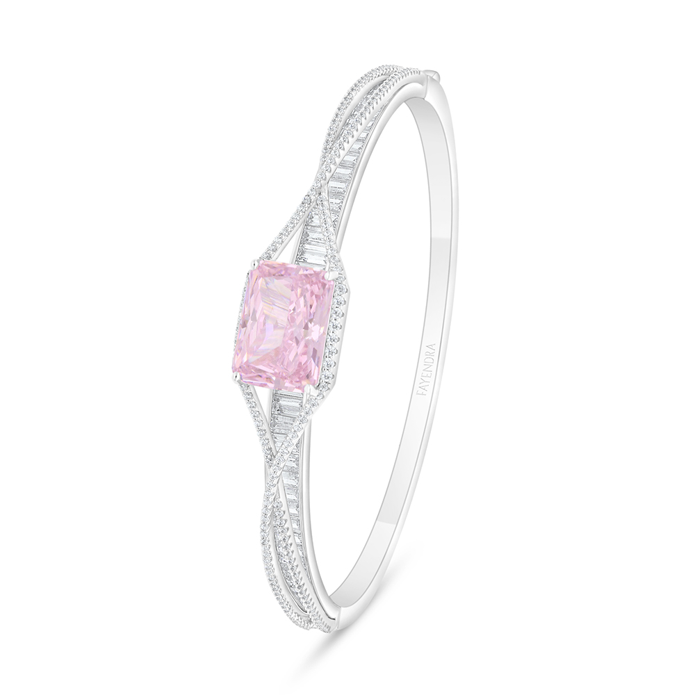 Sterling Silver 925 Bangle Rhodium Plated Embedded With Pink Zircon And White Zircon