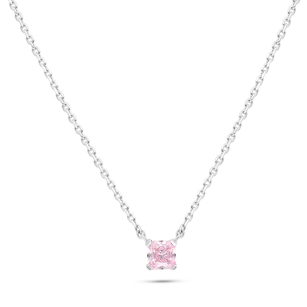 Sterling Silver 925 Necklace Rhodium Plated Embedded With Pink Zircon 