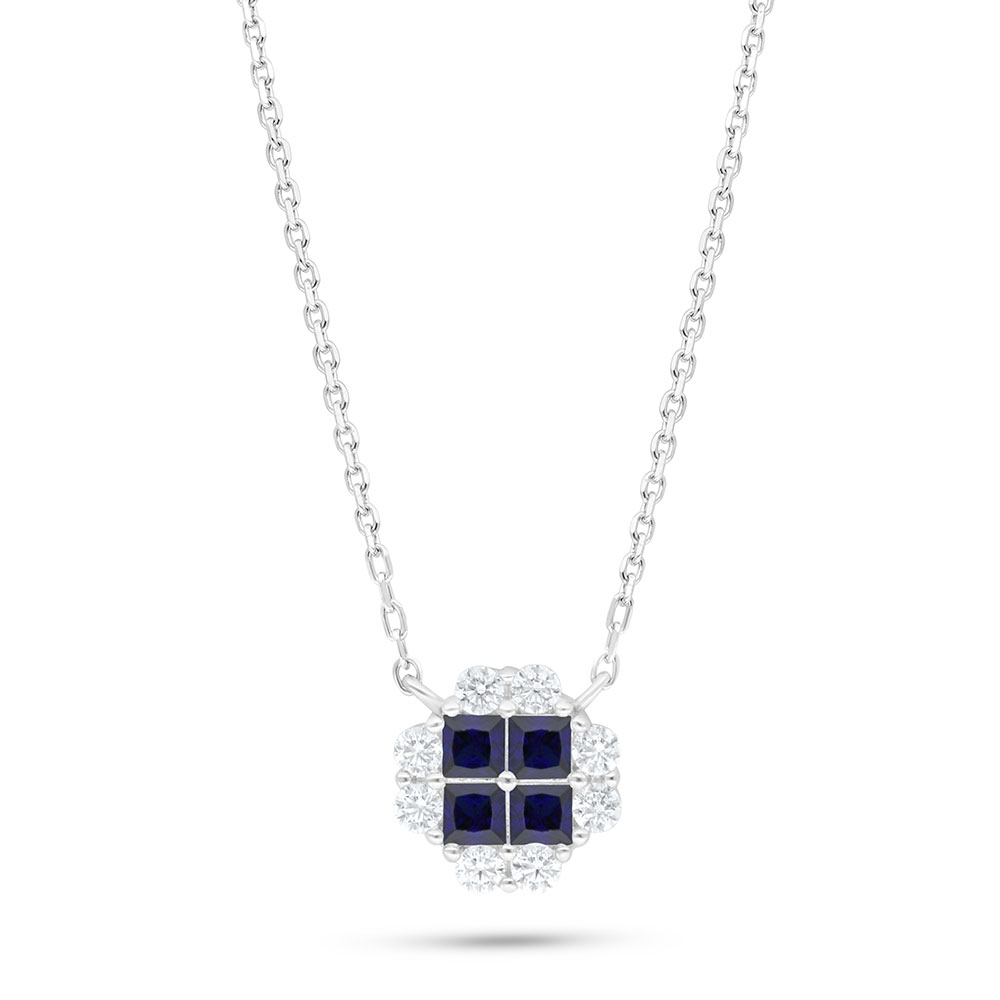 Sterling Silver 925 Necklace Rhodium Plated Embedded With Sapphire Corundum And White Zircon