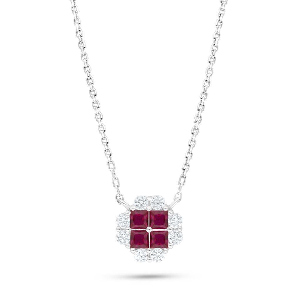 Sterling Silver 925 Necklace Rhodium Plated Embedded With Ruby Corundum And White Zircon