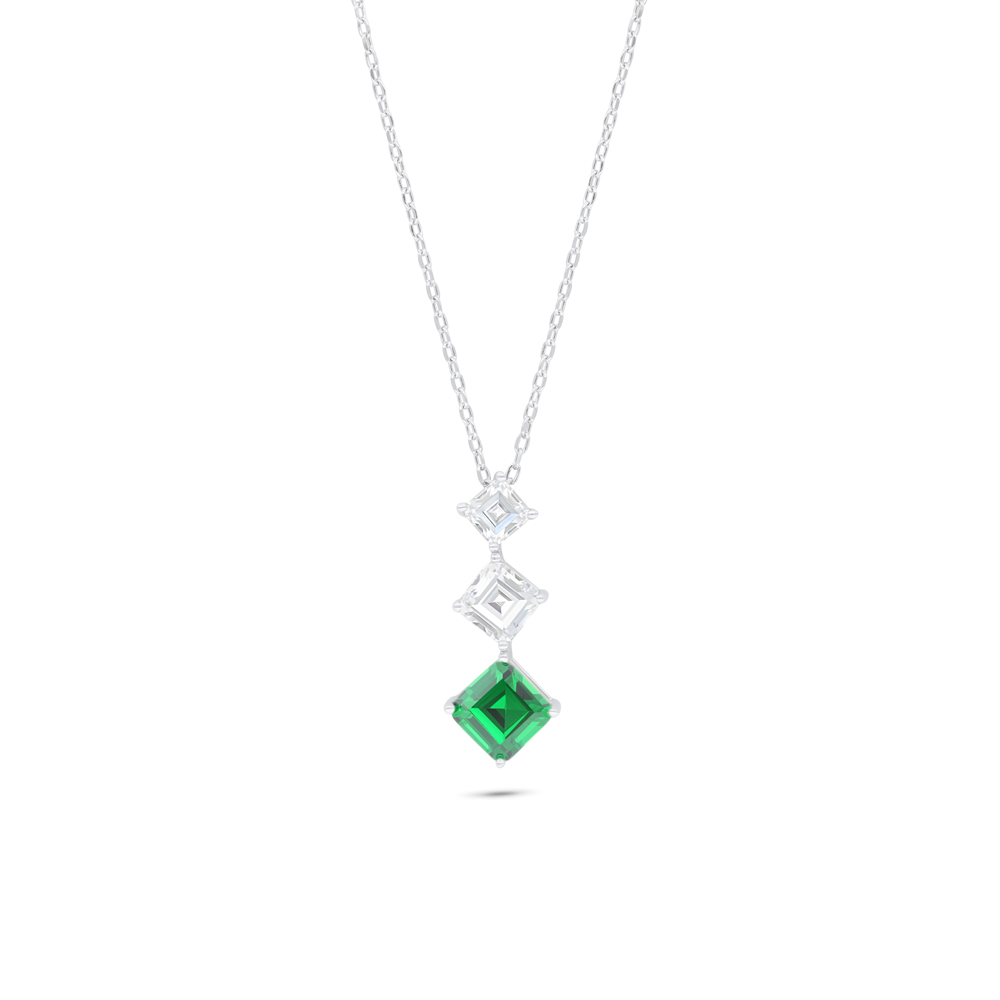 Sterling Silver 925 Necklace Rhodium Plated Embedded With Emerald Zircon And White Zircon