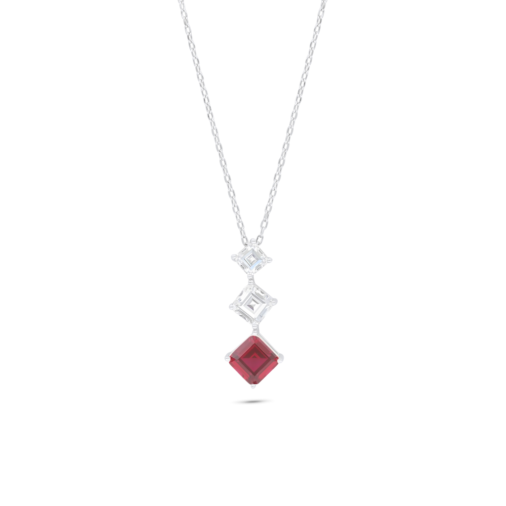 Sterling Silver 925 Necklace Rhodium Plated Embedded With Ruby Corundum And White Zircon