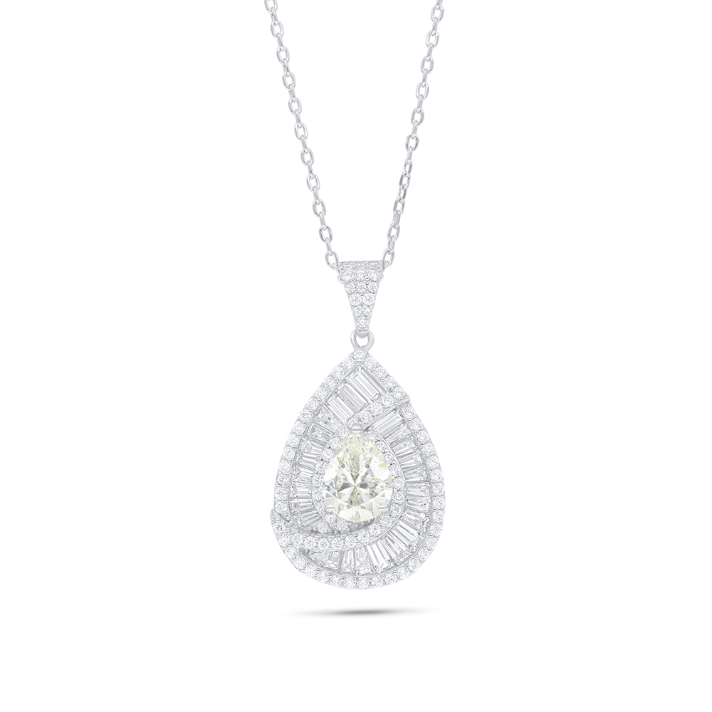 Sterling Silver 925 Necklace Rhodium Plated Embedded With Yellow Diamond And White Zircon