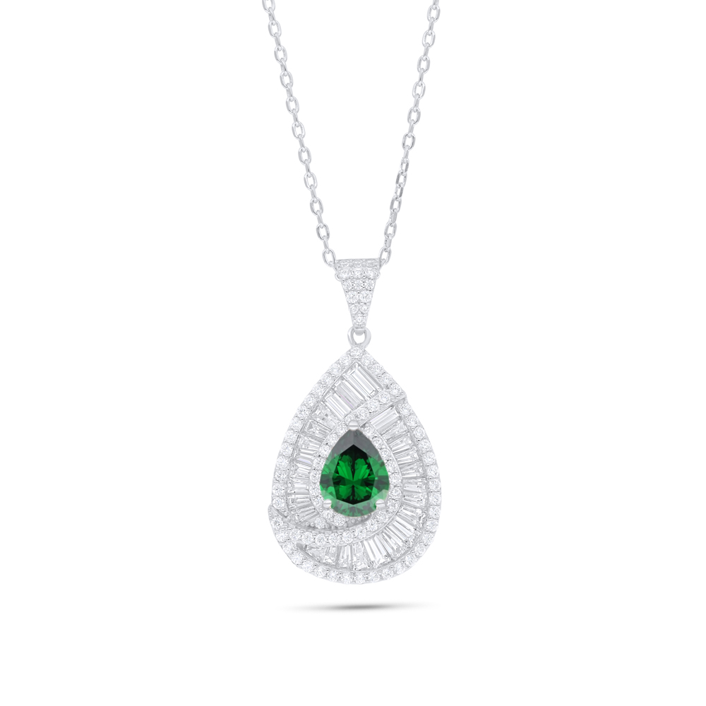 Sterling Silver 925 Necklace Rhodium Plated Embedded With Emerald Zircon And White Zircon