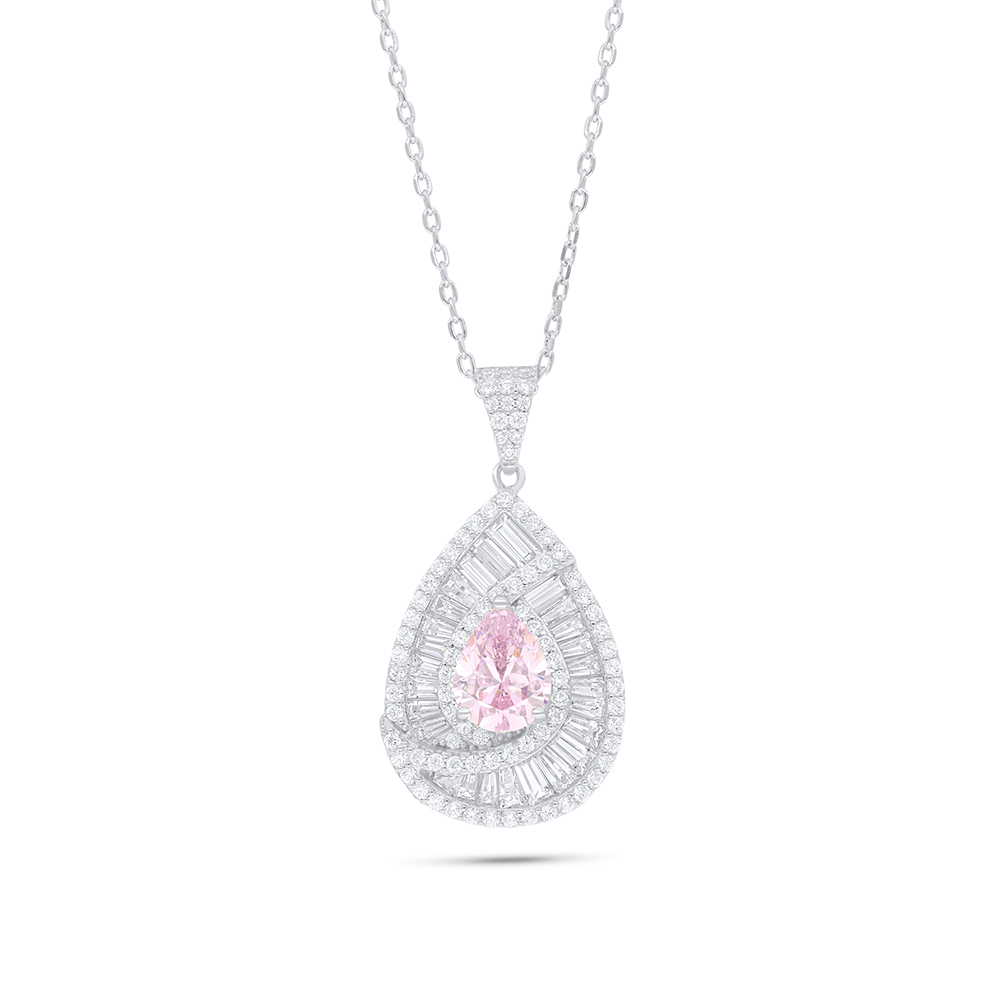 Sterling Silver 925 Necklace Rhodium Plated Embedded With Pink Zircon And White Zircon