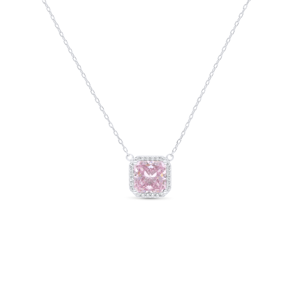 Sterling Silver 925 Necklace Rhodium Plated Embedded With Pink Zircon And White Zircon