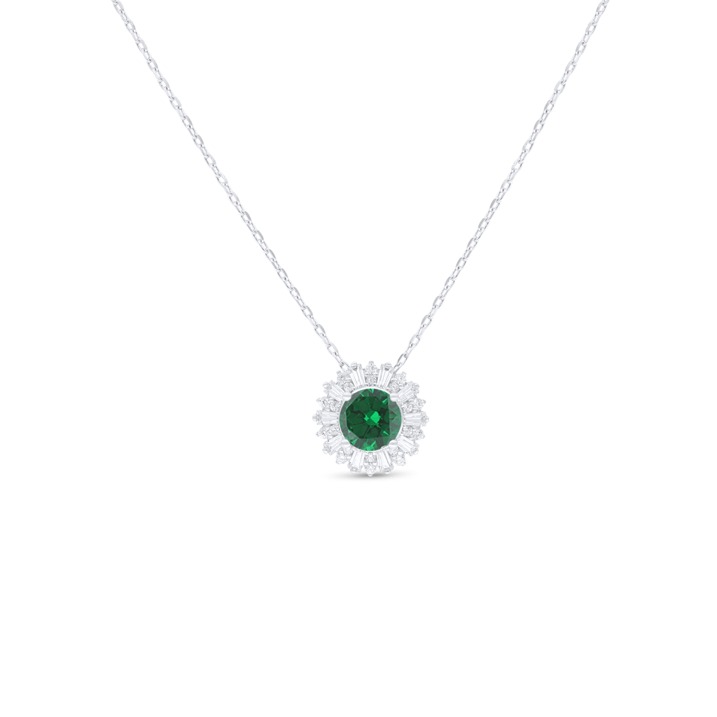 Sterling Silver 925 Necklace Rhodium Plated Embedded With Emerald Zircon And White Zircon