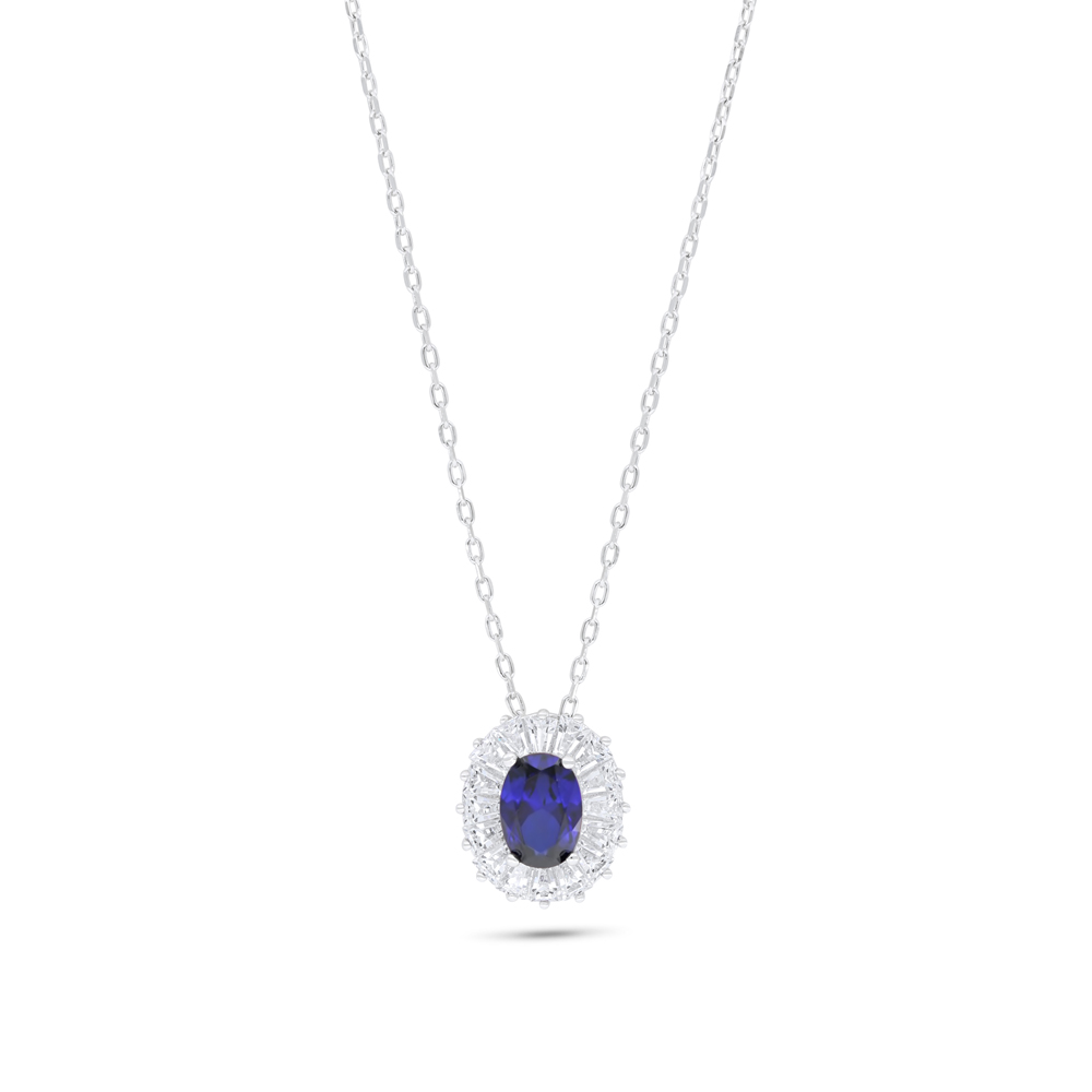 Sterling Silver 925 Necklace Rhodium Plated Embedded With Sapphire Corundum And White Zircon