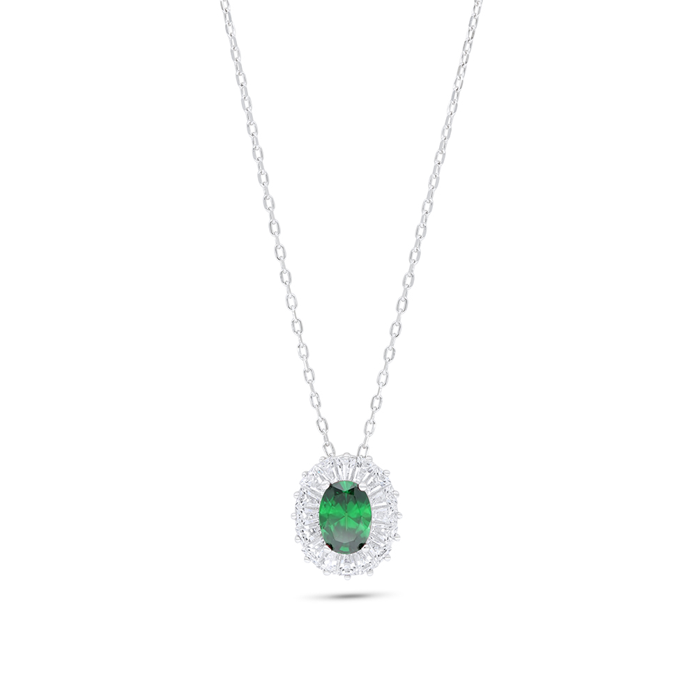 Sterling Silver 925 Necklace Rhodium Plated Embedded With Emerald Zircon And White Zircon