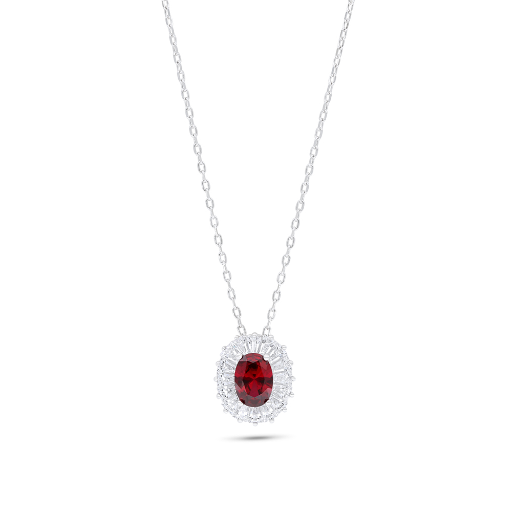 Sterling Silver 925 Necklace Rhodium Plated Embedded With Ruby Corundum And White Zircon