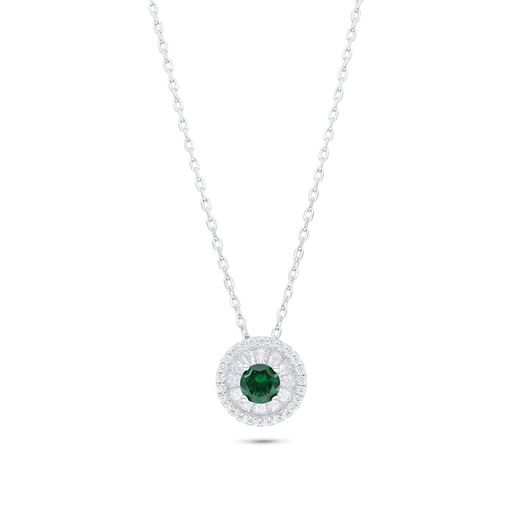 Sterling Silver 925 Necklace Rhodium Plated Embedded With Emerald Zircon And White Zircon