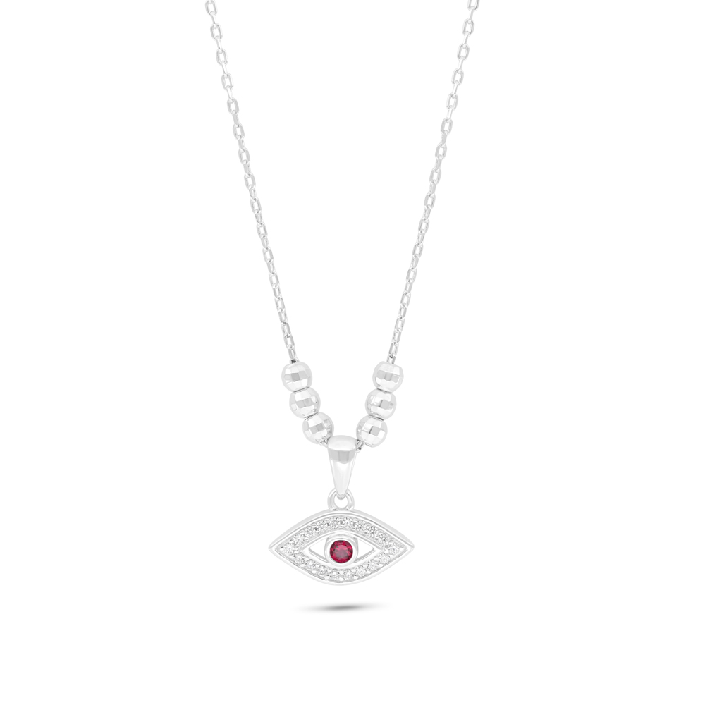 Sterling Silver 925 Necklace Rhodium Plated Embedded With Ruby Corundum And White Zircon