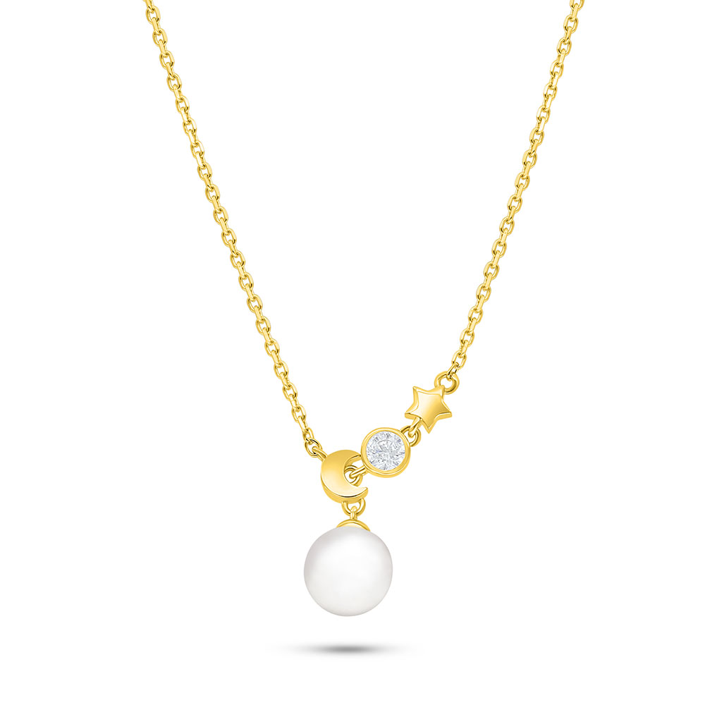 Sterling Silver 925 Necklace Golden Plated Embedded With Natural White Pearl And White Shell