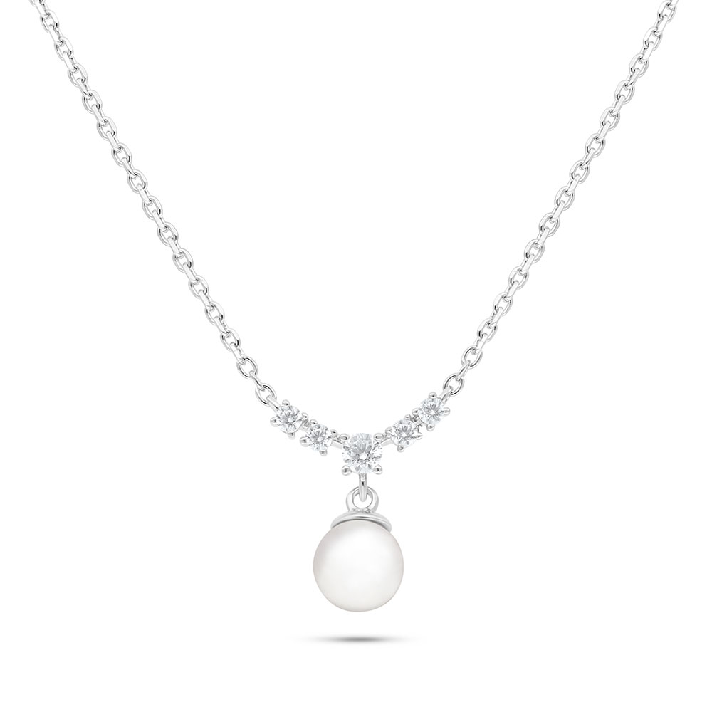 Sterling Silver 925 Necklace Rhodium Plated Embedded With Natural White Pearl And White Shell