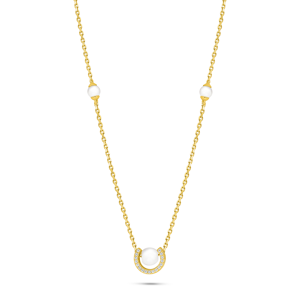 Sterling Silver 925 Necklace Golden Plated Embedded With Natural White Pearl And White Zircon 