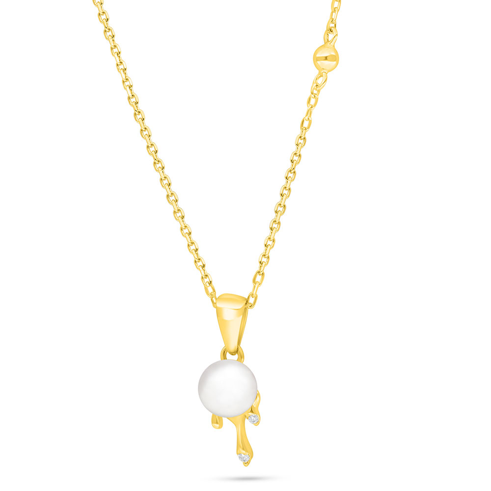 Sterling Silver 925 Necklace Golden Plated Embedded With Natural White Pearl And White Zircon