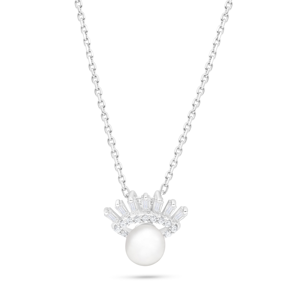 Sterling Silver 925 Necklace Rhodium Plated Embedded With Natural White Pearl And White Zircon