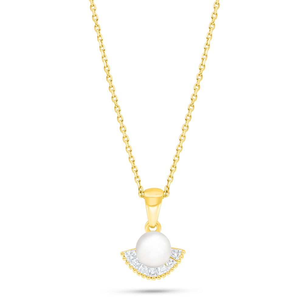 Sterling Silver 925 Necklace Golden Plated Embedded With Natural White Pearl And White Zircon