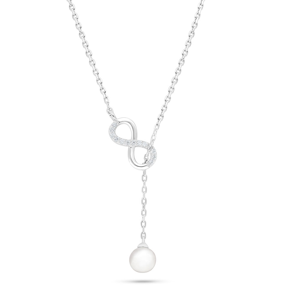 Sterling Silver 925 Necklace Rhodium Plated Embedded With Natural White Pearl And White Zircon