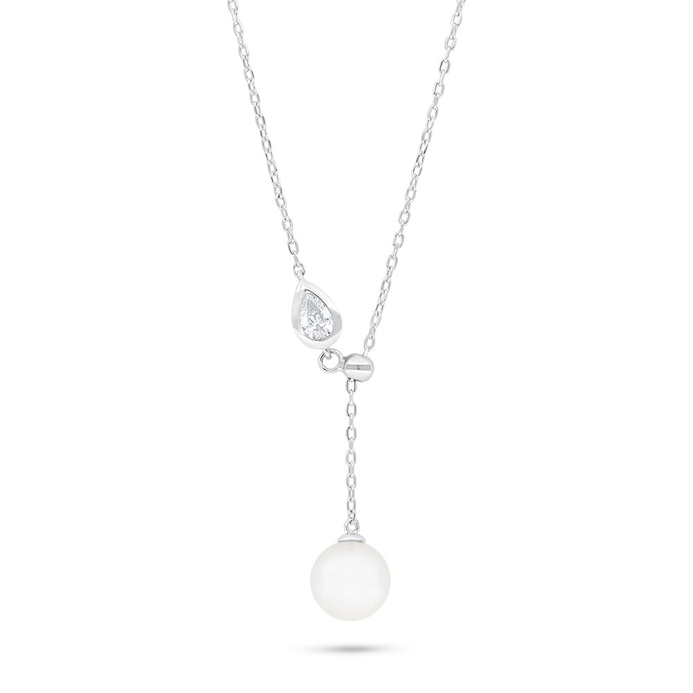 Sterling Silver 925 Necklace Rhodium Plated Embedded With Natural White Pearl And White Zircon 