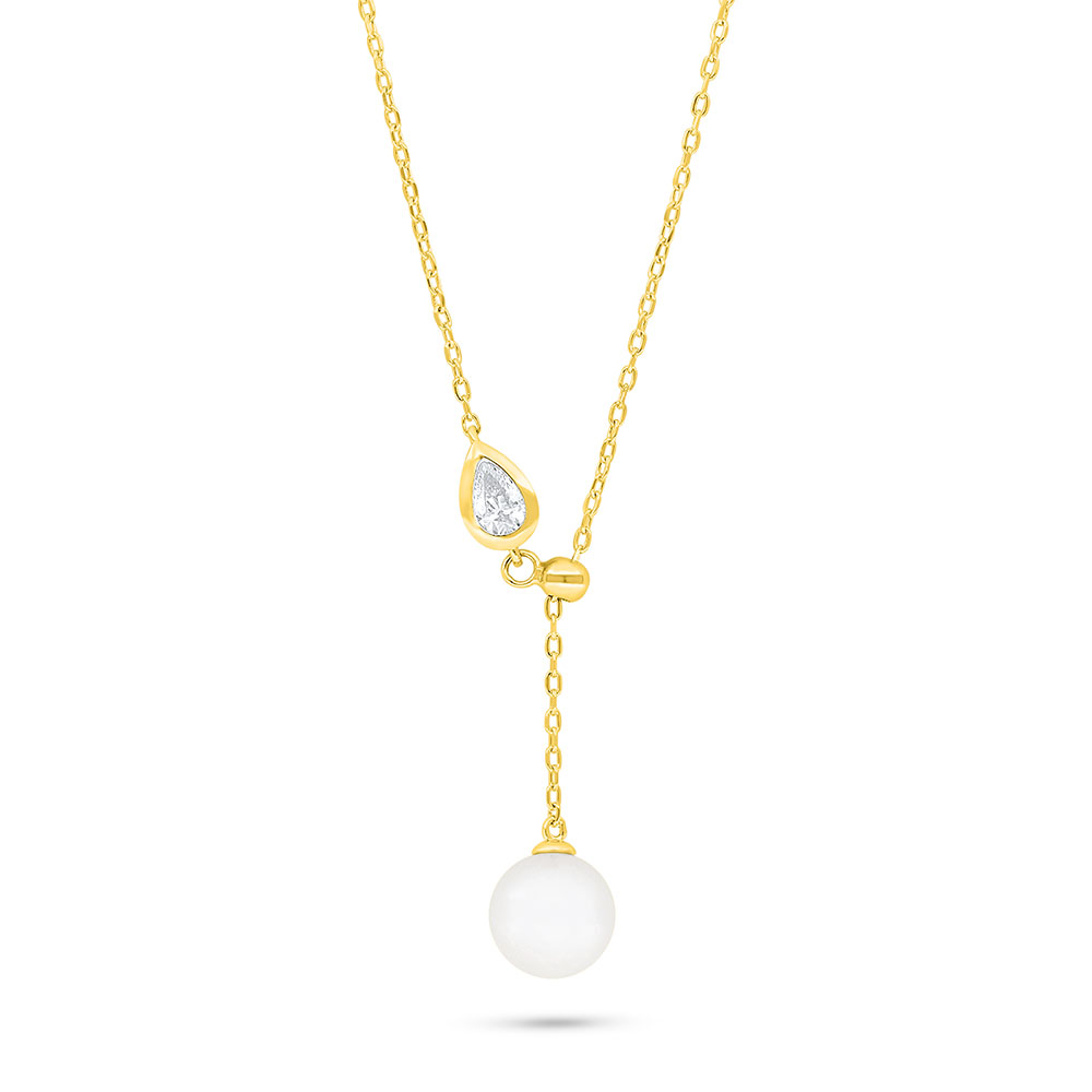 Sterling Silver 925 Necklace Golden Plated Embedded With Natural White Pearl And White Zircon 