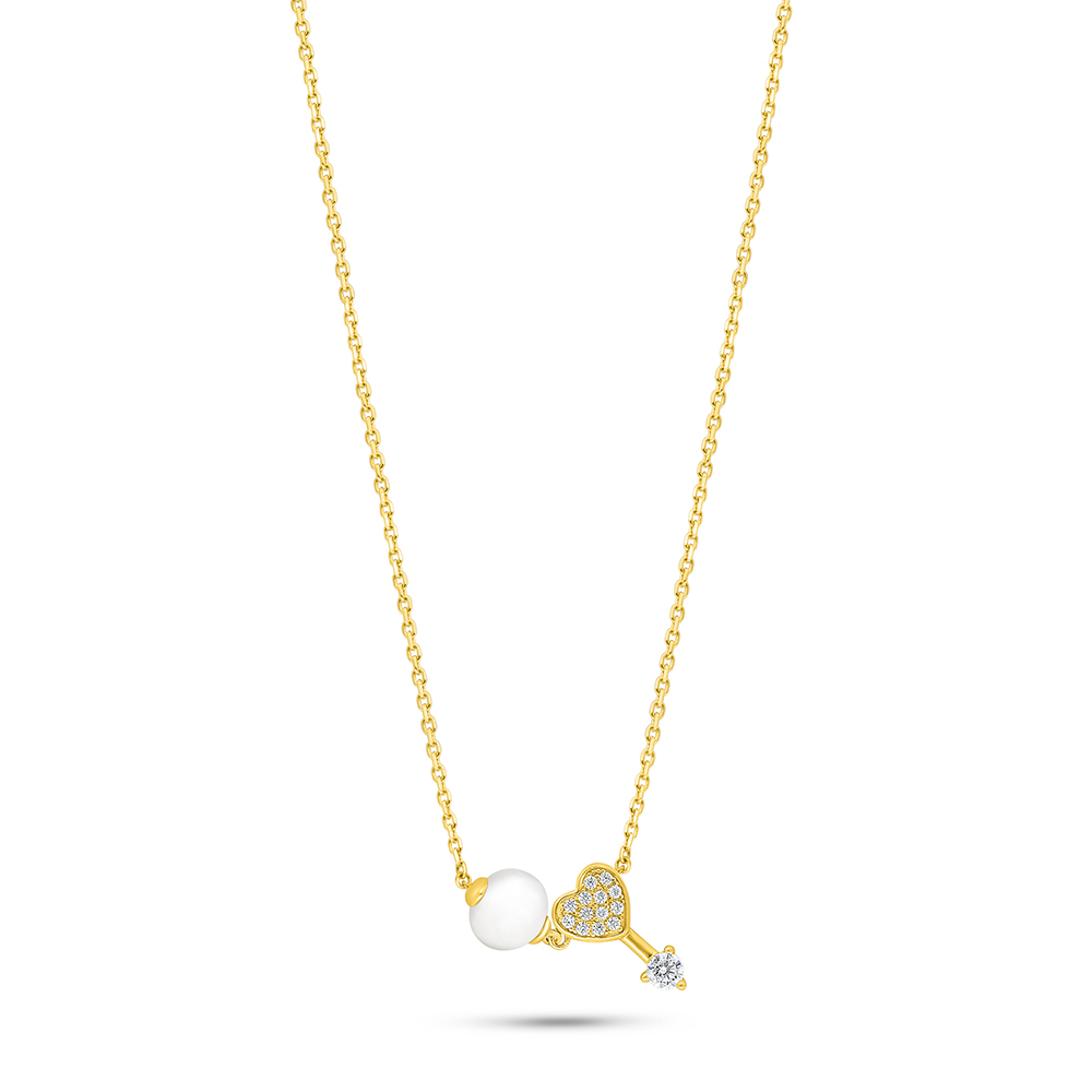 Sterling Silver 925 Necklace Golden Plated Embedded With Natural White Pearl And White Zircon 