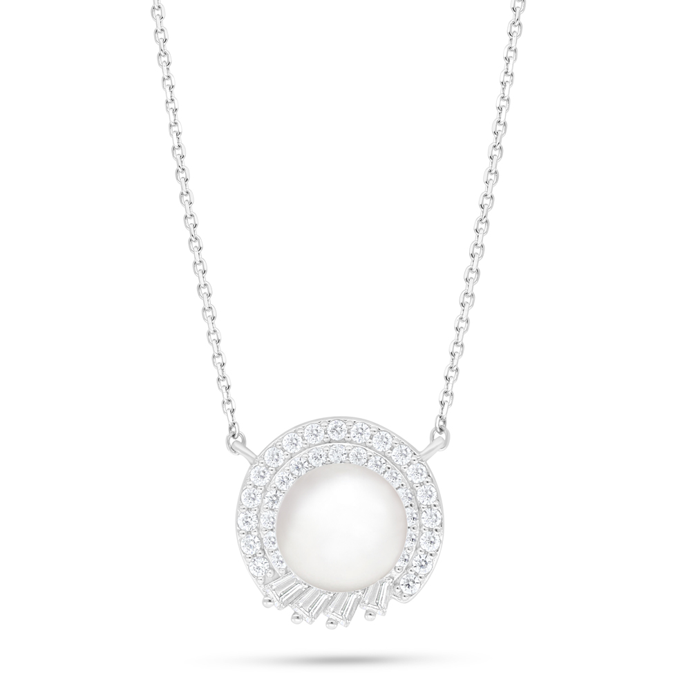 Sterling Silver 925 Necklace Rhodium Plated Embedded With Natural White Pearl And White Zircon