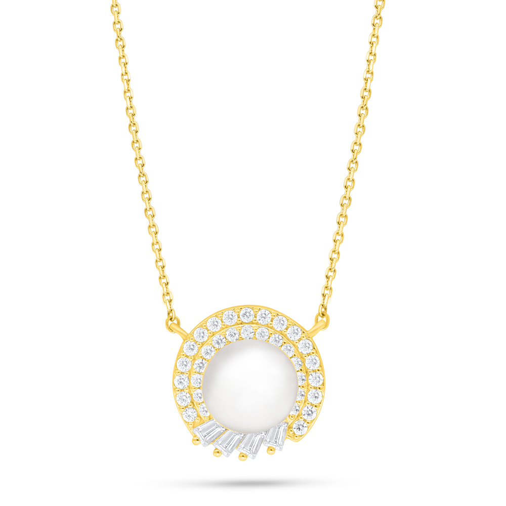 Sterling Silver 925 Necklace Golden Plated Embedded With Natural White Pearl And White Zircon